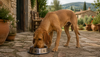 Chien : Un Chien Courant Italien Ă poil dur qui mange des croquettes