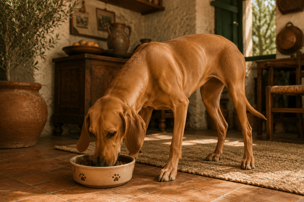 Chien : Un Chien Courant Italien Ă poil ras qui mange des croquettes