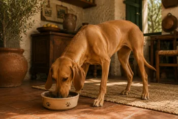 Chien : Un Chien Courant Italien Ă poil ras qui mange des croquettes