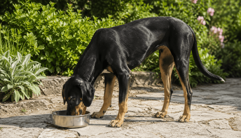 Chien : Un Chien Courant de Transylvanie qui mange des croquettes