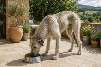 Chien : Un Lévrier Irlandais qui mange des croquettes