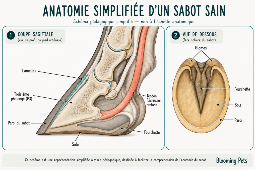 Schéma simplifié de l'anatomie d'un sabot de cheval montrant la coupe sagittale et la vue de dessous avec les principales structures anatomiques.