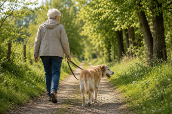 Une femme âgée promène son chien senior sur un chemin arboré pour préserver sa mobilité et sa qualité de vie.