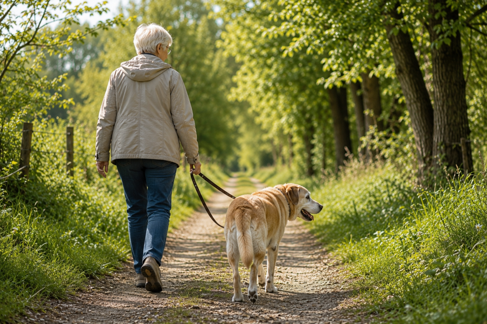 Une femme âgée promène son chien senior sur un chemin arboré pour préserver sa mobilité et sa qualité de vie.