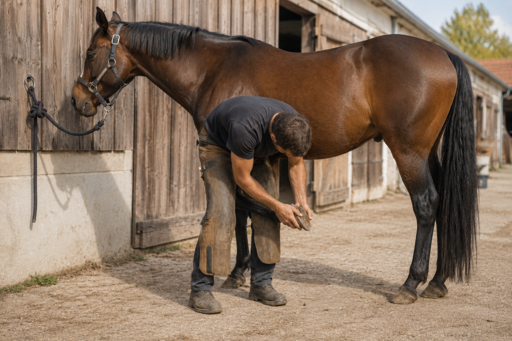 Maréchal-ferrant en train de manipuler le sabot d'un cheval lors d'un contrÎle ou d'un parage, essentiel pour prévenir et prendre en charge la fourbure.