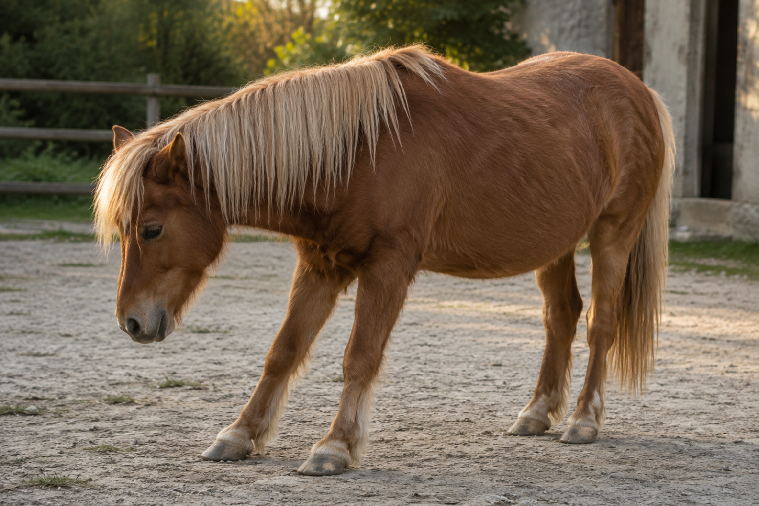 Poney alezan aux crins lavés présentant une posture évocatrice de fourbure sur un sol dur