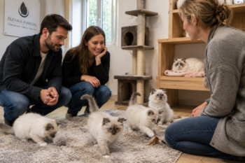 Couple visitant une chatterie familiale pour choisir un animal de compagnie avec les conseils d'une éleveuse et plusieurs chatons.