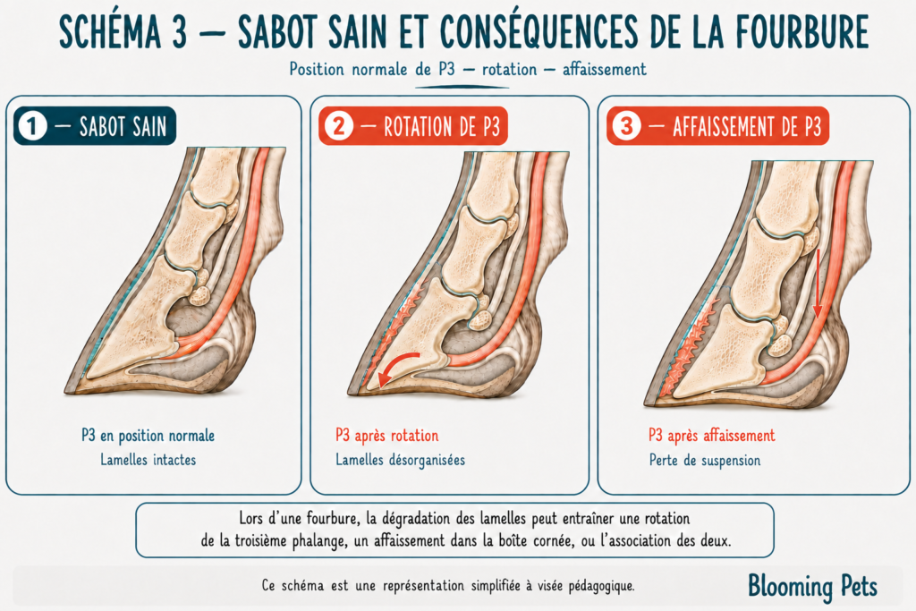 Schéma comparatif montrant un sabot sain, la rotation de la troisième phalange (P3) et son affaissement lors d'une fourbure chez le cheval.