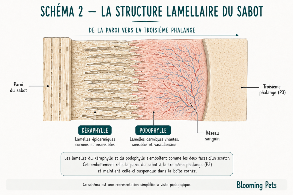 Schéma simplifié de la structure lamellaire du sabot d'un cheval montrant le kéraphylle, le podophylle, le réseau sanguin et la troisiÚme phalange (P3).