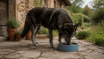 Chien : Un Chien-loup Américain qui mange des croquettes