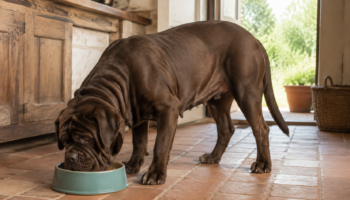 Chien : Un Mâtin de Naples qui mange des croquettes