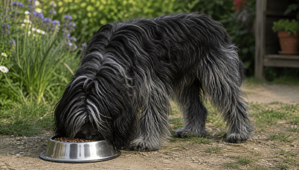 Chien : Un Schapendoes qui mange des croquettes