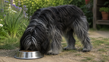 Chien : Un Schapendoes qui mange des croquettes