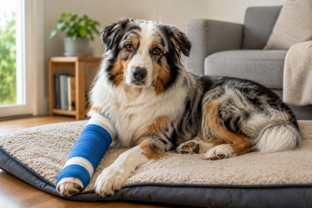 Chien au repos à son domicile avec une patte bandée après des soins vétérinaires.