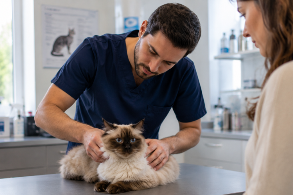 Vétérinaire examinant un chat lors d’une consultation en clinique vétérinaire.