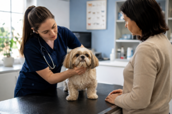 Vétérinaire examinant un chien en présence de sa propriétaire lors d’une consultation.