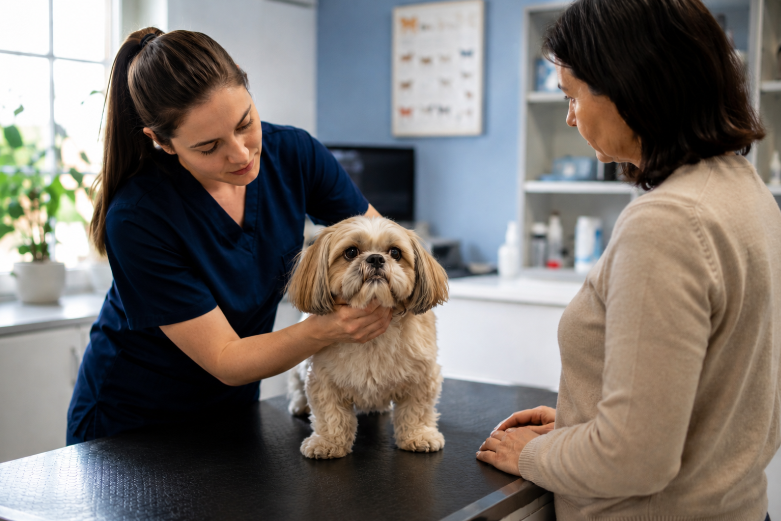 Vétérinaire examinant un chien en présence de sa propriétaire lors d’une consultation.