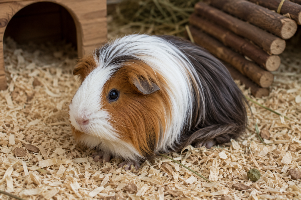Cochon d’Inde à poil long installé sur une litière de copeaux de bois dans son espace de vie.
