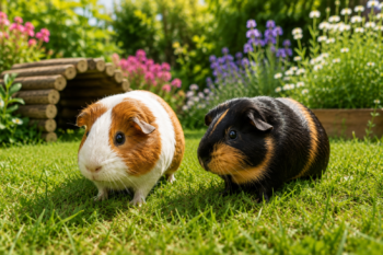 Deux cochons d’Inde de couleurs différentes se promenant dans un jardin verdoyant.