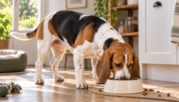 Chien : Un Chien d'Artois qui mange des croquettes