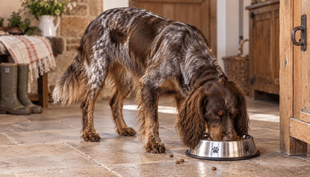Chien : Un Ăpagneul Picard qui mange des croquettes
