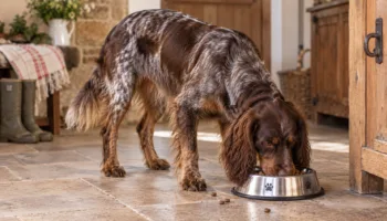 Chien : Un Épagneul Picard qui mange des croquettes