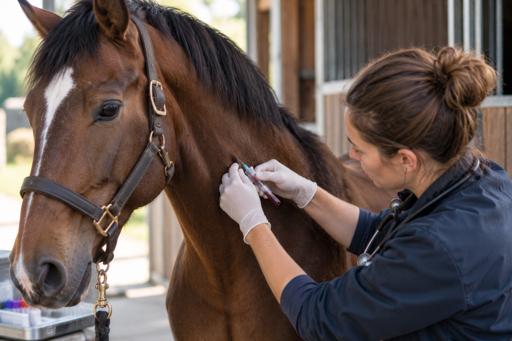 Vétérinaire réalisant une prise de sang à un cheval dans le cadre du diagnostic du syndrome métabolique équin.