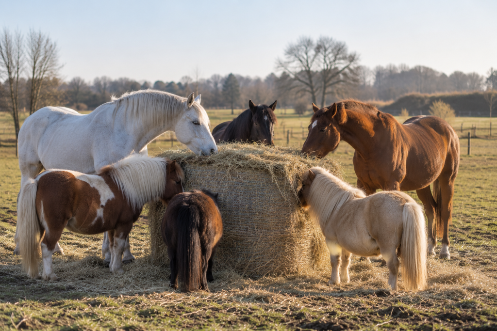 Chevaux et poneys en troupeau mangeant autour d’une balle de foin au pré.