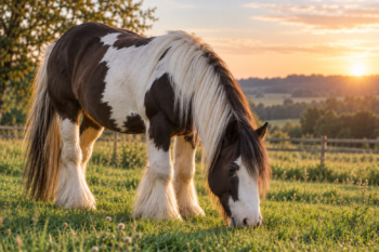 Poney Irish Cob pie au pâturage illustrant un article sur le syndrome métabolique équin (SME).