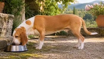 Chien : Un Chien Courant Espagnol qui mange des croquettes