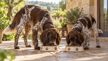 Chien : Un Chien d'Oysel qui mange des croquettes