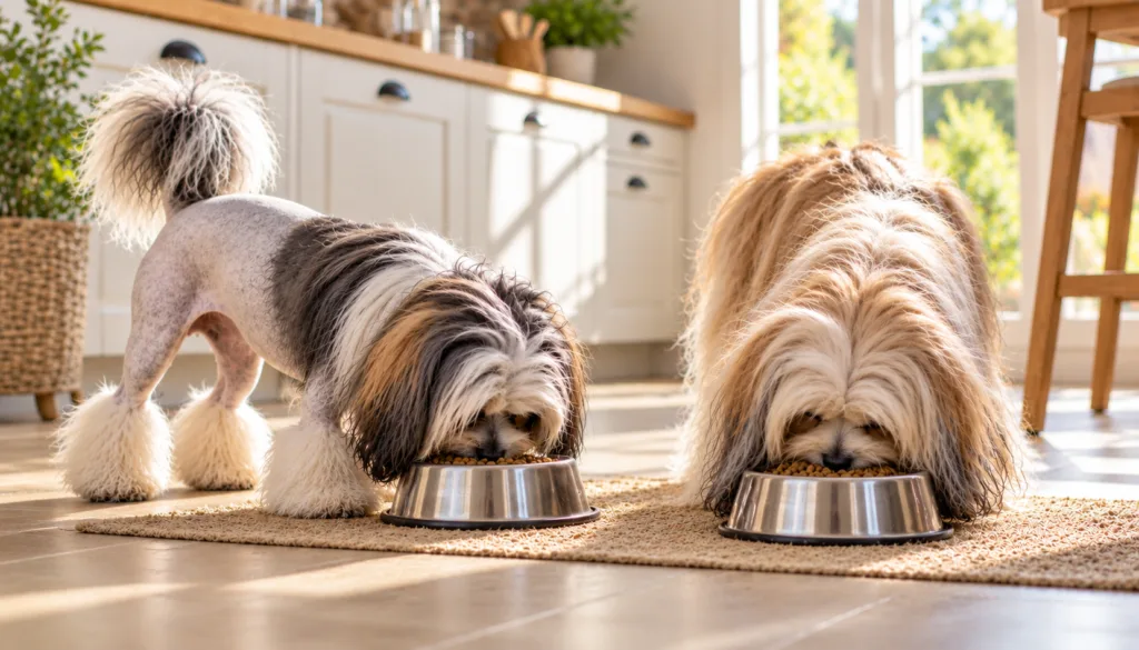 Chien : Un Petit Chien Lion qui mange des croquettes
