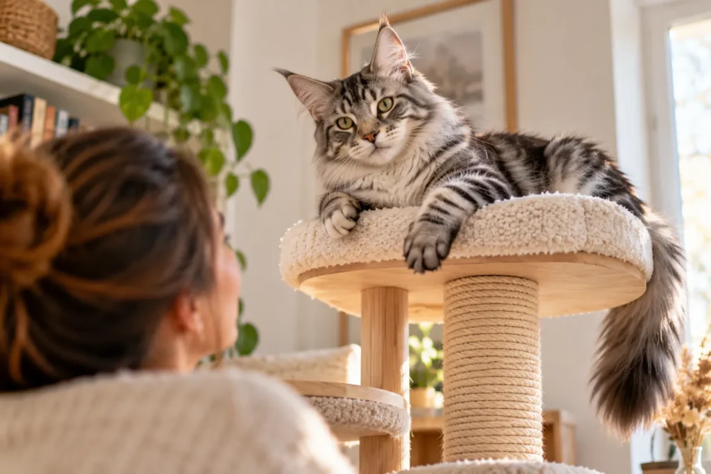 Chat Maine Coon tigré gris installé sur un arbre à chat, observant sa propriétaire dans un salon lumineux.