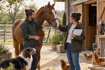 Un propriétaire présente son cheval à une pet-sitter devant une écurie, en présence de son chien et de plusieurs poules.