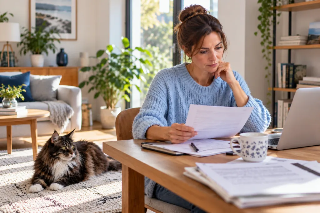 Une femme en pull bleu ciel examine des documents à son bureau, tandis qu'un Maine Coon noir et blanc est allongé sur un tapis clair à proximité.