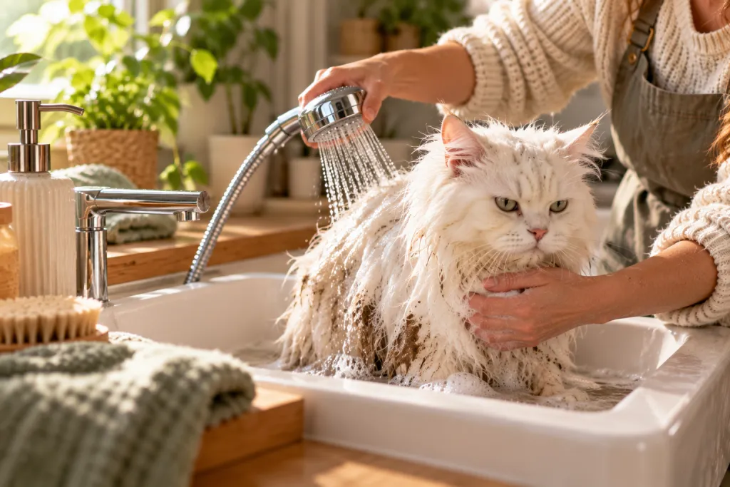 Un chat blanc à poil long, au pelage mouillé et couvert de boue, est rincé doucement sur le dos à l'aide d'une douchette dans un grand évier.