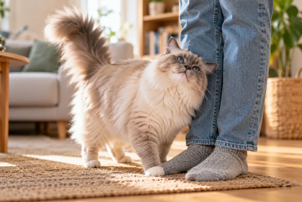 Chat Ragdoll aux yeux bleus se frottant contre les jambes de son propriétaire dans un salon lumineux.