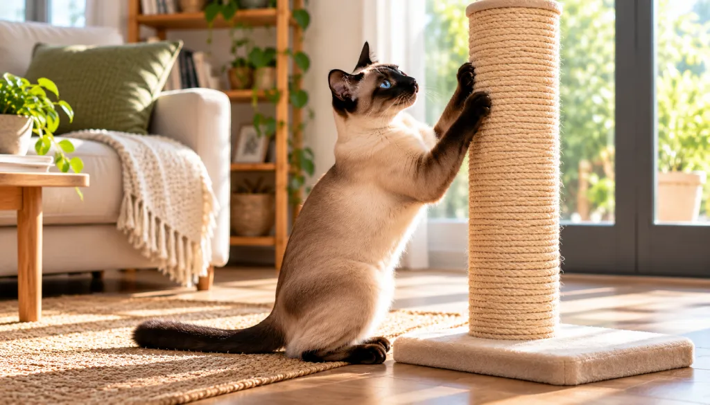 Un chat Siamois seal point aux yeux bleus fait ses griffes sur un griffoir vertical en sisal dans un salon lumineux.