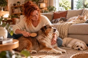 Une femme rousse brosse un chien à poil long dans un salon cosy, près d'un petit chien couché et de deux chats à poil long sur un canapé.