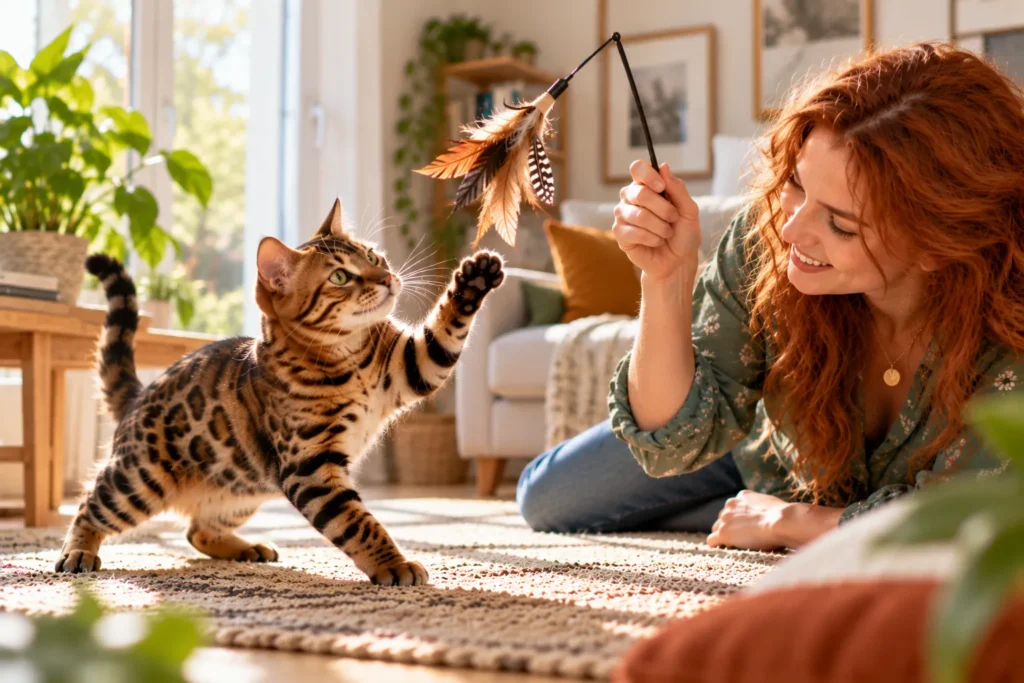Chat Bengal au pelage brun doré tacheté jouant avec une canne à pêche à plumes tenue par une femme rousse dans un salon lumineux.