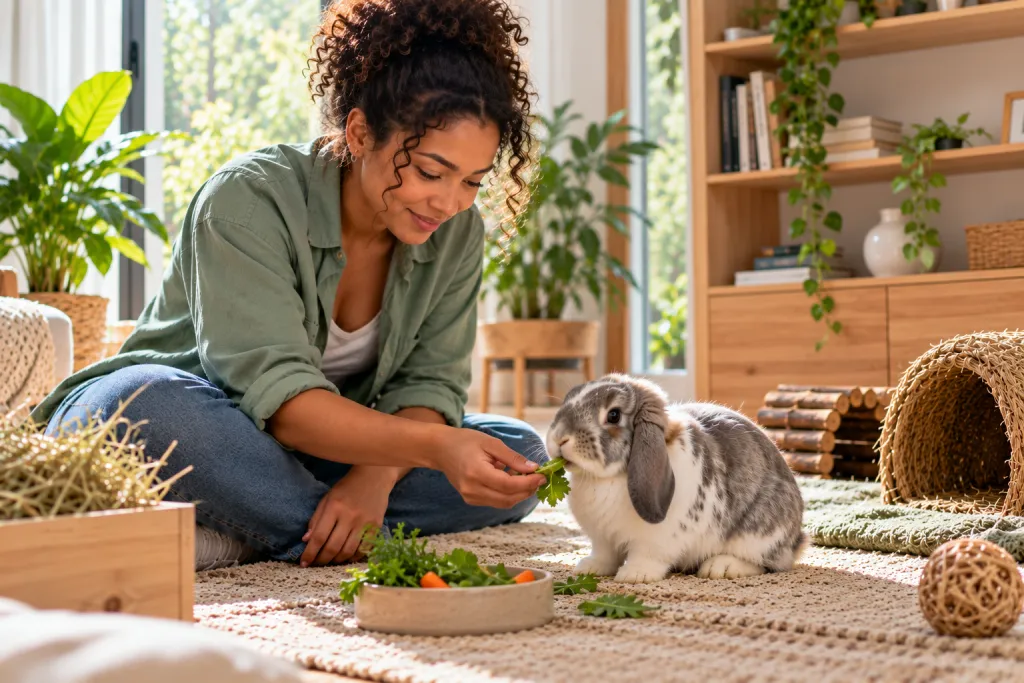 Une pet-sitter aux cheveux bouclés, vêtue d’une chemise vert sauge, donne une feuille de verdure à un lapin bélier gris et blanc dans un salon lumineux.