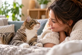 Une femme échange un regard complice avec son chat tigré et blanc, confortablement installé sur un canapé dans un salon lumineux.